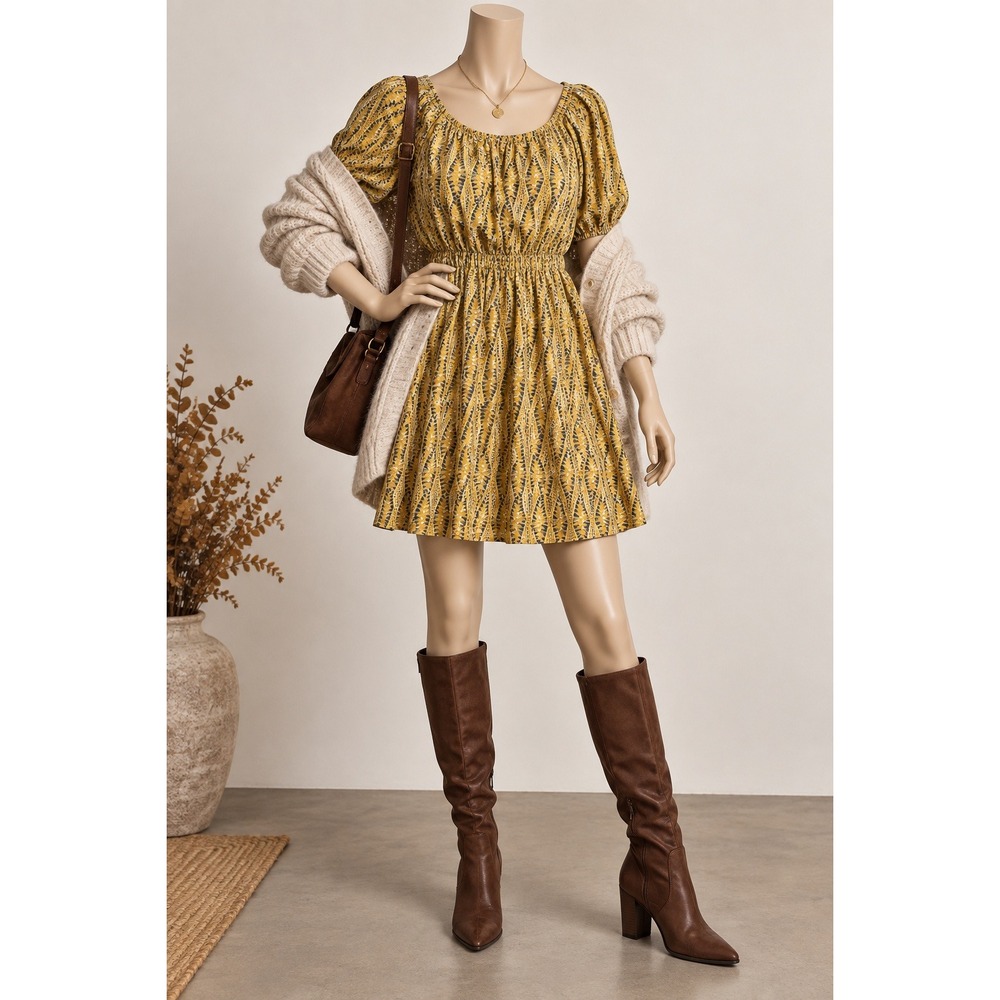 Daily Practice by Anthropologie Mustard Gold Geometric Puff Sleeve Mini Dress L